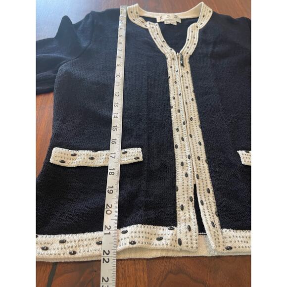 J.S.S knitwear jacket med black cream wool blend full zip elegant detail beads - Picture 6 of 11